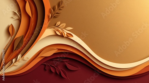 Warm, layered paper art with autumn foliage, elegant curves, and gradient