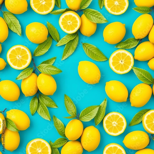 Vibrant yellow lemons arranged in a harmonious tropical seamless pattern on a bright blue background, evoking feelings of refreshment and energy, ||lemon, pattern