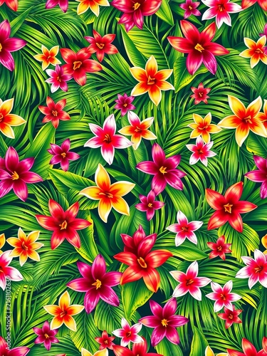 Vibrant tropical flowers and palm fronds entwined in a repeating pattern, Pattern design, Vector art