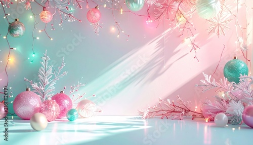 Pastel Christmas Ornaments Arranged with Glowing Lights on Festive Holiday Background