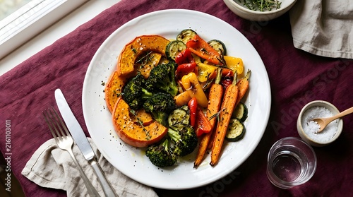 Healthy roasted vegetables assortment on white plate with herbs and salt