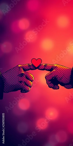 Vector halftone hands pointing at each other with love symbol, relationship, couple