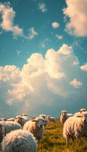Tiny sparkling clouds floating above fluffy white sheep, farm, scenery