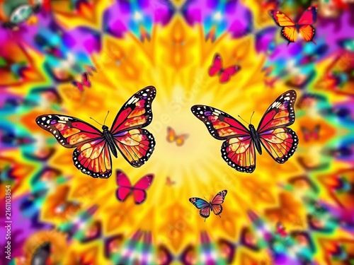 Vector butterflies dance across a kaleidoscope of colors, whimsical, artistic