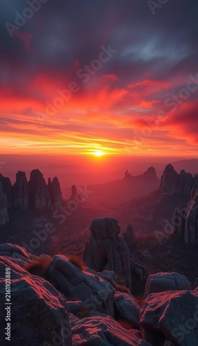 Sunrise over the mystical meura-stones landscape, thuringen, ||sunrise