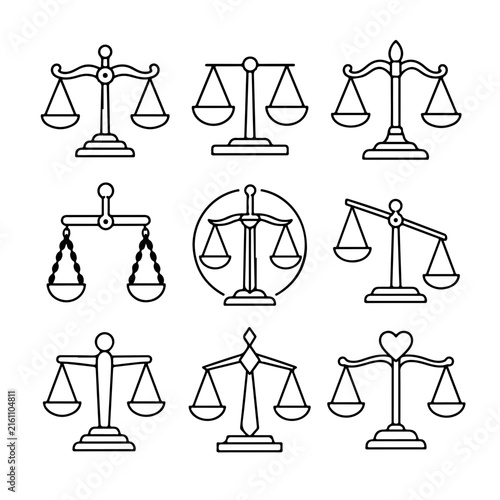 A set of nine black and white line art icons depicting various styles of justice scales.