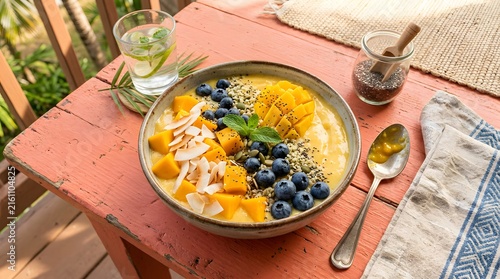 Healthy tropical smoothie bowl topped with fruits and seeds