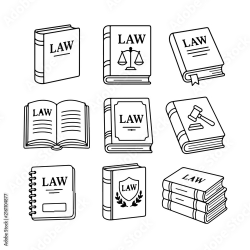 A collection of black and white line art icons depicting various law books and legal.
