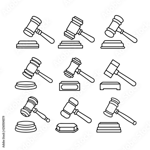 A set of nine black and white line art icons depicting various judge gavels and blocks.