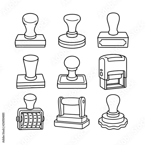 A collection of various rubber stamp designs is displayed as a black and white line art.