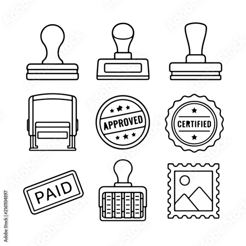 A collection of black and white line art icons depicting various office rubber stamps.