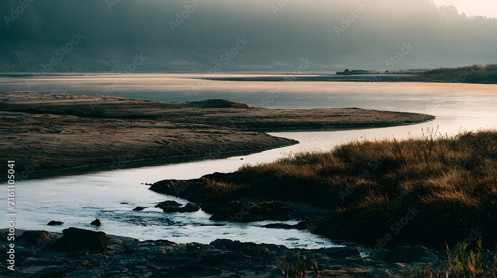 Fototapeta premium A serene river flows gently around a sandy bend under soft warm ambient light creating a tranquil landscape with subtle tonal contrast