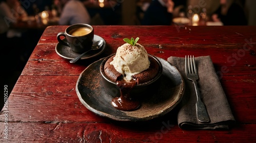 Molten chocolate cake with ice cream and espresso coffee