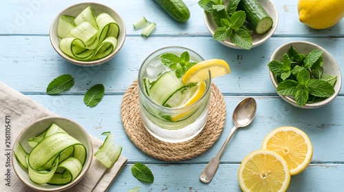 Refreshing cucumber mint drink with lemon and ice