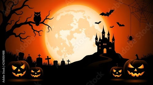 A hauntingly beautiful halloween night scene featuring a full moon illuminating a spooky castle silhouetted against a vibrant orange and dark sky complete with bats