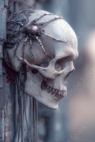 Realistic skull incorporated in biomechanical dark wall with vertical pipes and cables, cybernetic design, tarantula spider on skull, colorful reflexes, high-contrast futuristic industrial concept