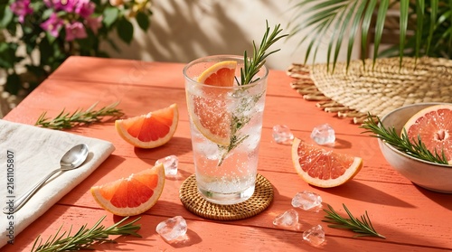 Refreshing grapefruit beverage with ice and herbs on a wooden table