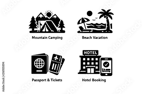 Travel and Vacation Solid Icon Set, Tourism and Holiday Vector Illustration