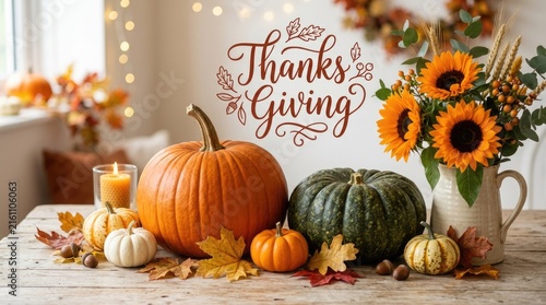 A warm and cozy thanksgiving scene featuring pumpkins sunflowers and autumnal decorations for a festive holiday celebration