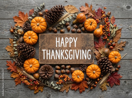 A beautiful autumnal thanksgiving wreath adorned with pumpkins and fall foliage creates a warm and inviting seasonal display