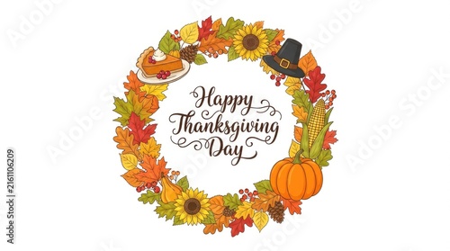 A beautiful thanksgiving wreath of autumn leaves pumpkins and cornucopias symbolizes gratitude and the harvest season's abundance