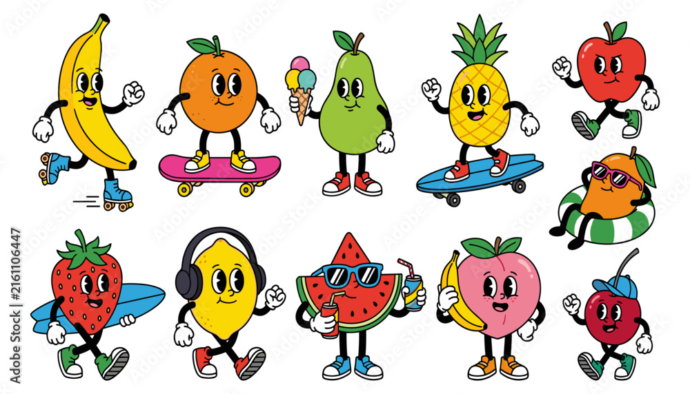 Fototapeta premium Retro Cartoon Fruit Mascot Character Set Featuring Vintage Rubber Hose Style Banana, Watermelon, Pineapple, Orange, and Strawberry Vector Illustrations