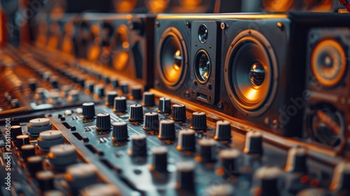 Studio speakers and mixing console.