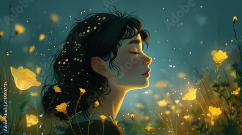 Serene girl in magical field.