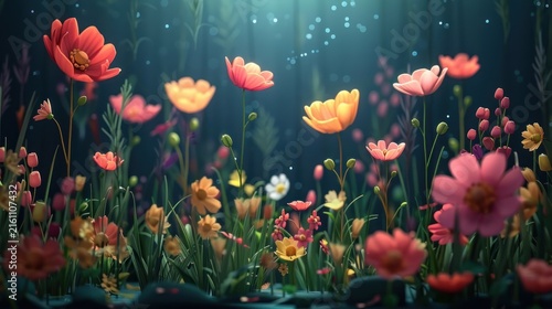 Magical flower field at night.