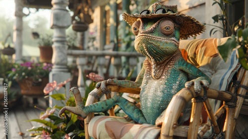 Chameleon relaxing on porch.