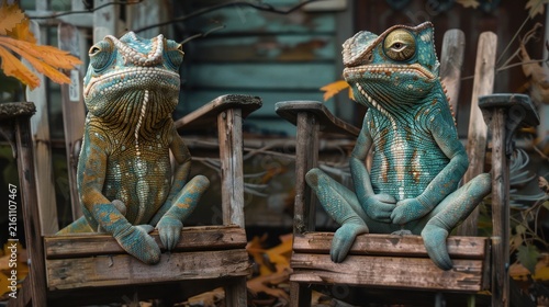 Two chameleons sitting on chairs.
