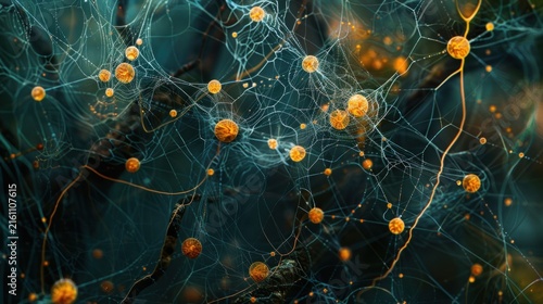 Intricate network of glowing spheres and filaments.