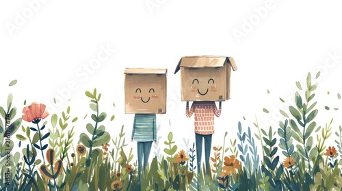 Happy people with boxes on heads in meadow.
