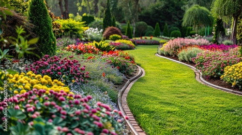 Lush vibrant garden with colorful flowers and green grass.