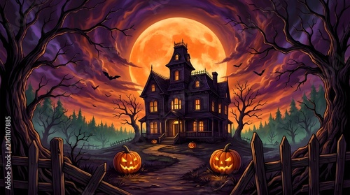 A spooky halloween night scene featuring a dark and mysterious haunted mansion silhouetted against a vibrant orange full moon complete with jack o' lanterns and