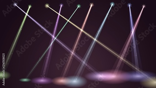 Stage spotlights illuminating dark space with colorful light rays and glow spotlights lighting performance colorful illumination background entertainment radiance luminosity projector