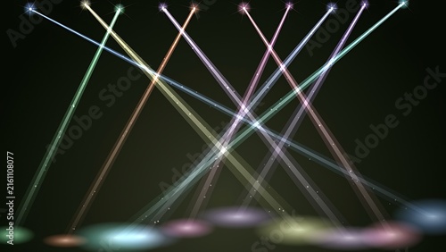 Multiple colorful stage spotlights crossing beams creating glowing patterns on dark backdrop with spotlight background illumination performance nightclub entertainment projector atmosphere