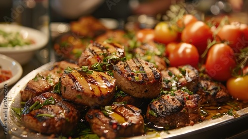Grilled meat and tomatoes on platter.