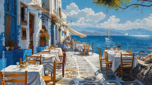 Sunny seaside cafe.