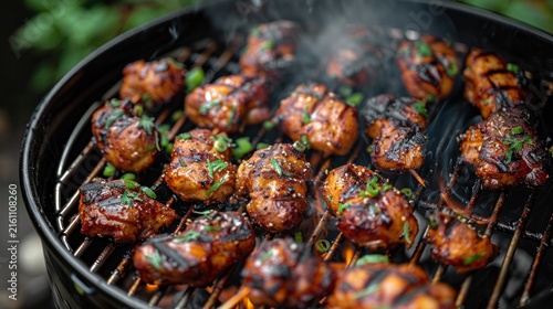 Grilled chicken pieces on a barbecue.