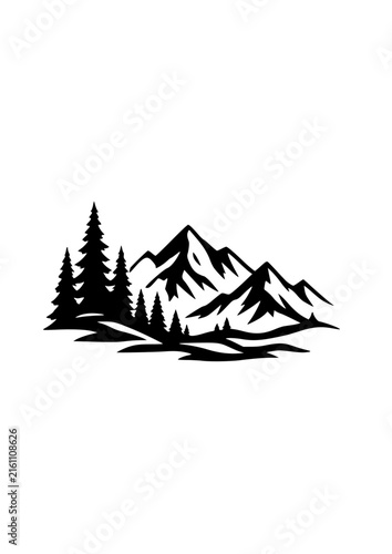 Mountain Range with Pine Trees Silhouette Illustration