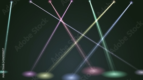 Colorful laser beams cutting through dark background projecting light spots with spotlight background illuminated abstract projection spectrum technology electric lighting atmosphere