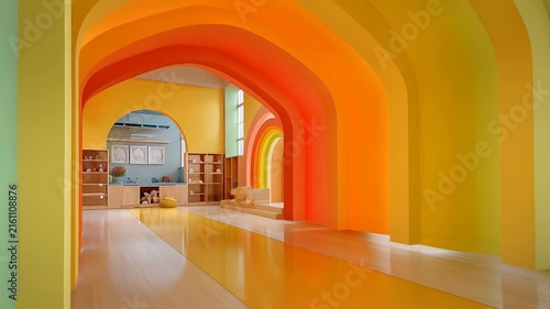 A vibrant rainbow-themed children's library hallway featuring colorful arched doorways and soft seating.