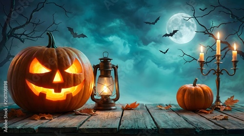 A captivating halloween scene unfolds with a glowing jack o' lantern a vintage lantern and eerie candlelight all set against a backdrop of a full