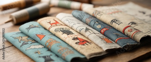 Colorful, patterned fabric folds with spools, rustic and artistic.  Illustration of animals and landscapes