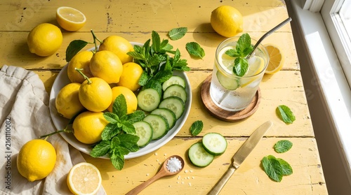 Fresh citrus and cucumber refreshment with mint garnish
