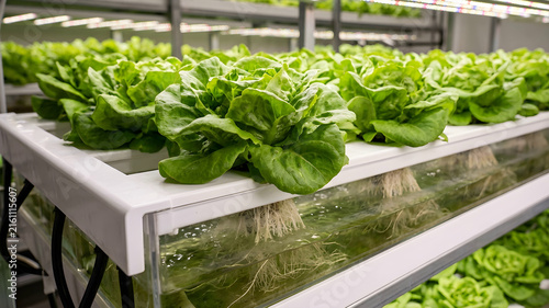 Medium shot of vibrant lettuce in hydroponic tray with nutrient rich water flowing beneath for soil