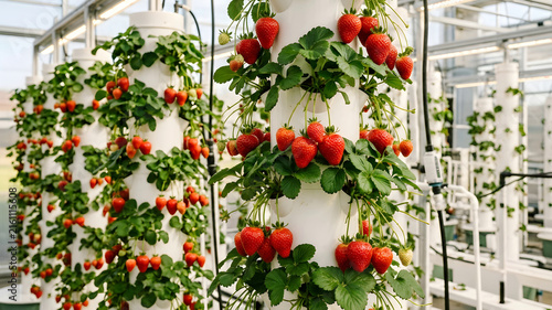 Medium shot of ripe strawberries flourishing on vertical stacks in a clean modern setup with