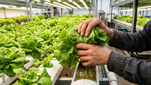 Hands harvesting fresh green lettuce in a hydroponic garden. organic farming and sustainable