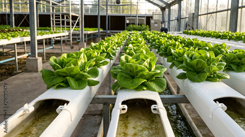 Lush green lettuce thriving in a modern greenhouse with hydroponic farming systems and sustainable